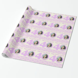 40th Birthday photo damask cream purple wrapping Wrapping Paper