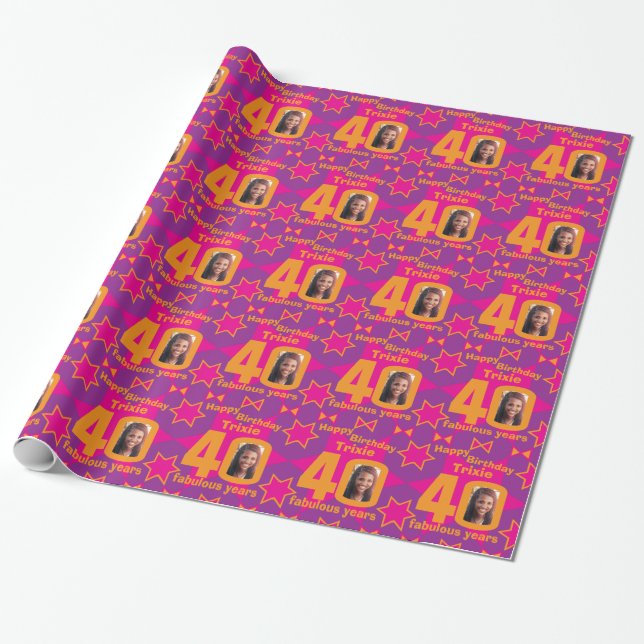 40th Birthday photo fun purple pink gift wrap (Unrolled)