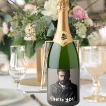 40th birthday photo hello 40 guys men sparkling wine label<br><div class="desc">Template for Your photo.  White text overlay: Hello 40!  A label for a 40th birthday party for guys.</div>