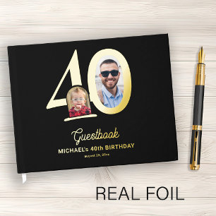 40th Birthday photo name black gold  Guest Book