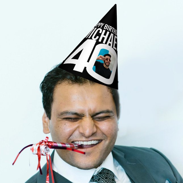 40th birthday photo personalised white black party hat (Creator Uploaded)
