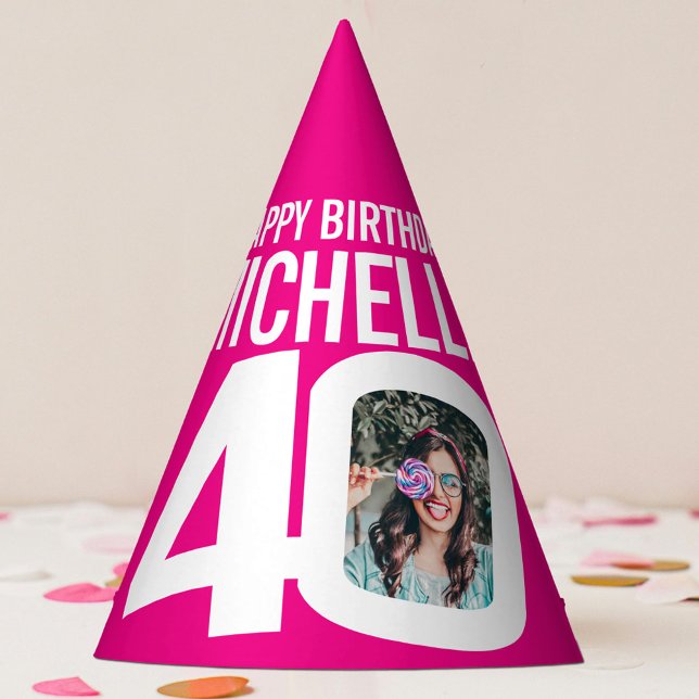 40th birthday photo personalised white pink party hat (Creator Uploaded)