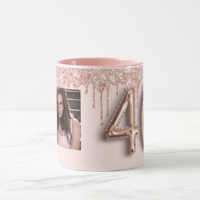 40th birthday photo pink rose gold glitter balloon mug (Center)