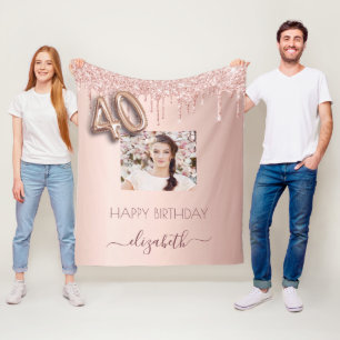 40th birthday photo rose gold glitter blush pink fleece blanket