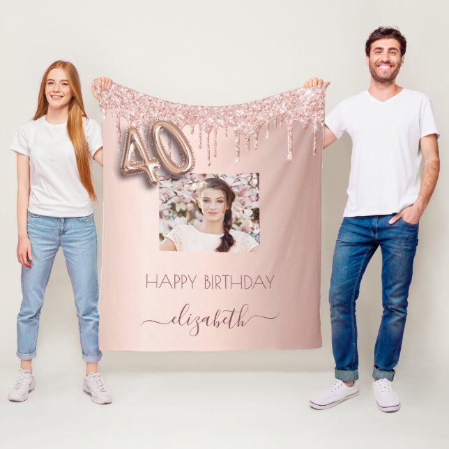40th birthday photo rose gold glitter blush pink fleece blanket (In Situ)
