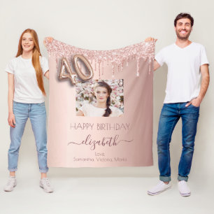 40th birthday photo rose gold glitter pink friends fleece blanket
