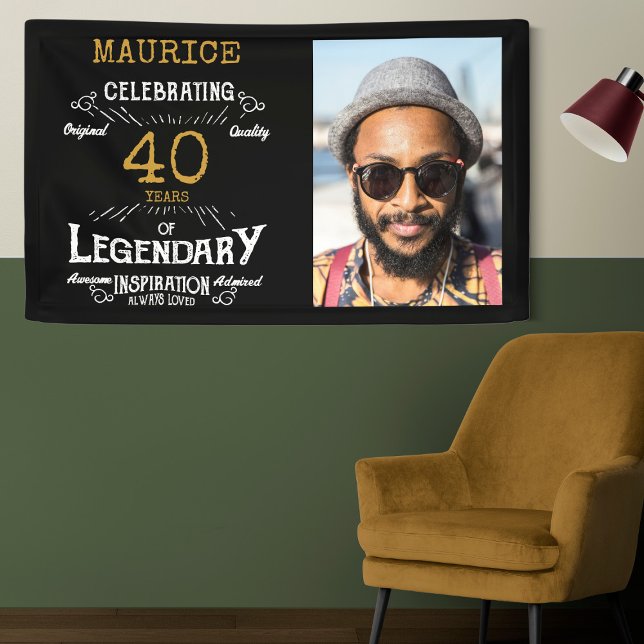 40th Birthday Photo Template Legendary Banner (Custom 40th birthday wall banners on a two tone green wall.)
