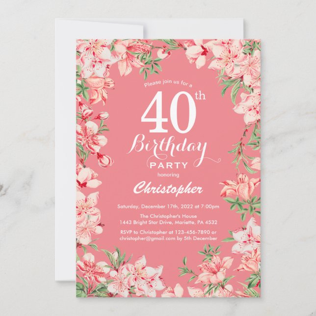 40th Birthday Pink Boho Botanical Floral Flowers Invitation (Front)