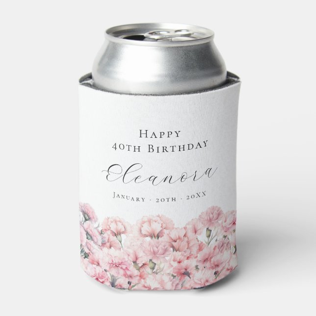 40th Birthday Pink Carnation January Birth Flower Can Cooler (Can Front)