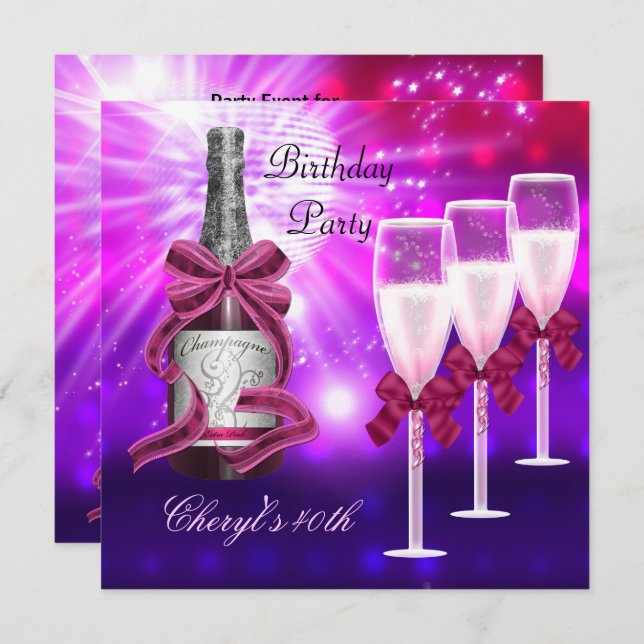 40th Birthday Pink Champagne Glasses Invitation (Front/Back)