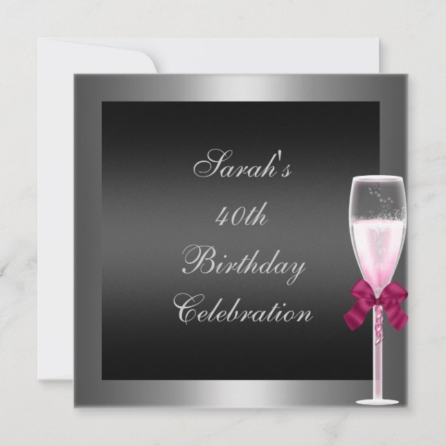 40th Birthday Pink Champagne Silver Black Invitation (Front)