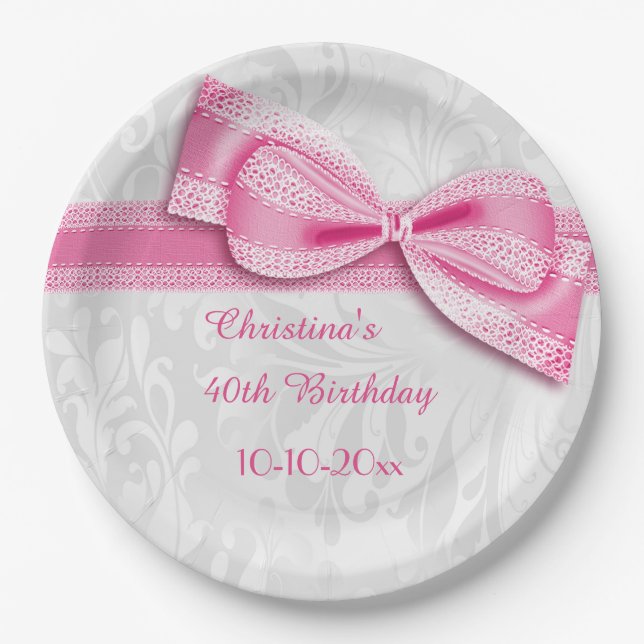 40th Birthday Pink Damask and Faux Bow Paper Plate (Front)