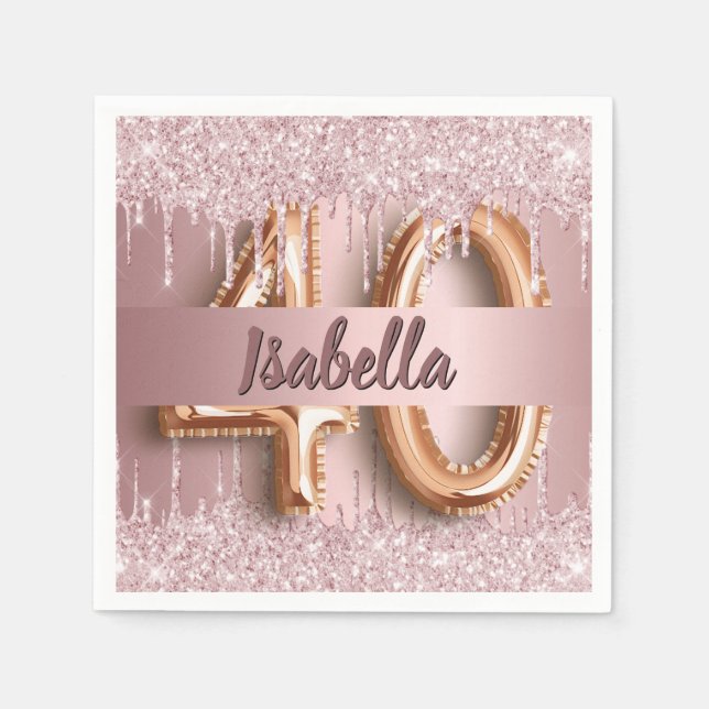 40th birthday pink dusty rose glitter monogram napkin (Front)