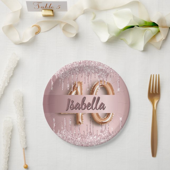 40th birthday pink dusty rose glitter name paper plate (Wedding)