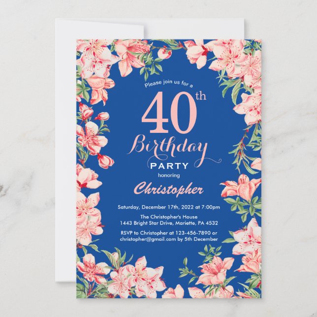 40th Birthday Pink Floral Flowers Blue Invitation (Front)