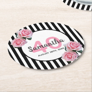 40th birthday pink flowers black stripes round paper coaster