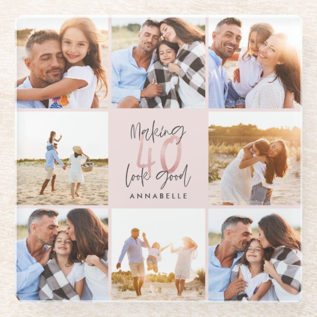 40th birthday pink girly glitter photo collage glass coaster (Front)