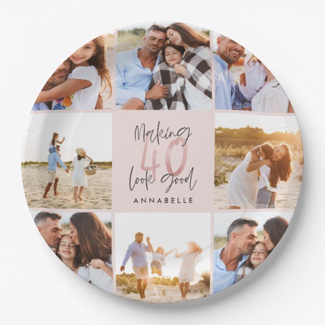 40th birthday pink girly glitter photo collage  paper plate (Front)