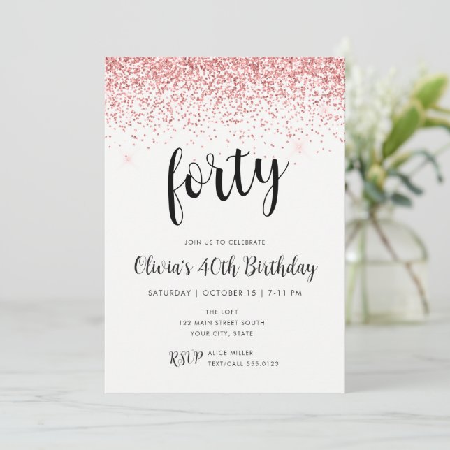 40th Birthday Pink Glitter Confetti Invitation (Standing Front)
