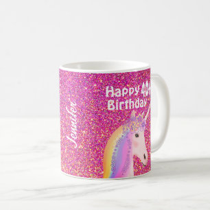 40th Birthday Pink Glitter Unicorn Personalised Coffee Mug