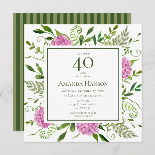 40th Birthday Pink Hydrangeas Invitation (Front/Back)