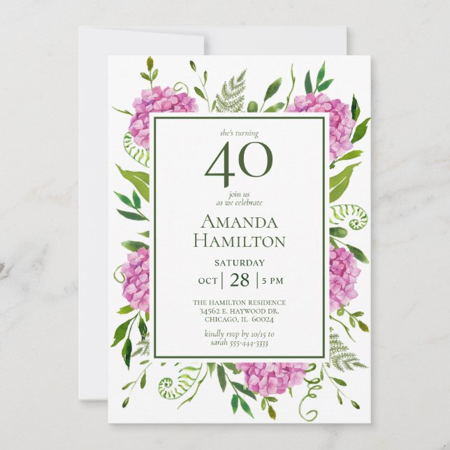 40th Birthday Pink Hydrangeas Invitation (Front)