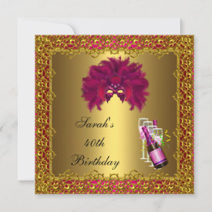 40th Birthday Pink Mask Champagne Gold Lace Invitation