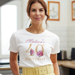 40th Birthday Pink Peonies Gold Glitter Custom T-Shirt