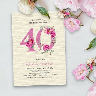 40th Birthday Pink Peony Floral Number 40 Invitation