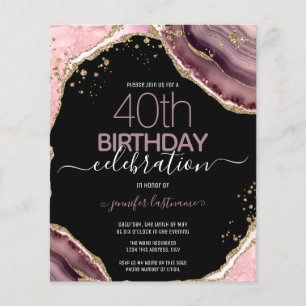 40th Birthday Pink Purple Agate Budget Invitation