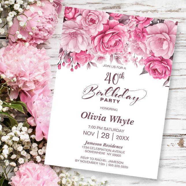 40th Birthday Pink Rose Floral Party Invitation (Creator Uploaded)
