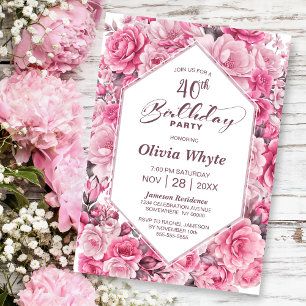 40th Birthday Pink Rose Floral Party Invitation