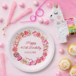 40th Birthday Pink Roses Swirly Heart Paper Plate