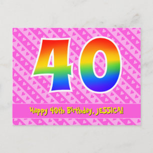 40th Birthday: Pink Stripes & Hearts, Rainbow 40 Postcard
