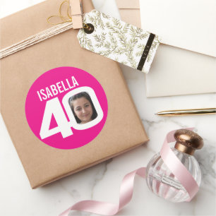 40th birthday pink white custom photo name favour classic round sticker