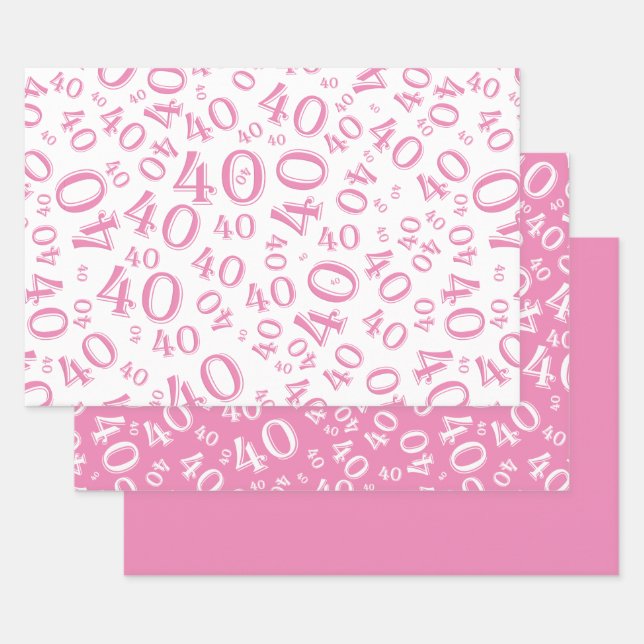 40th Birthday Pink & White Number Pattern 40 Wrapping Paper Sheet (Set)