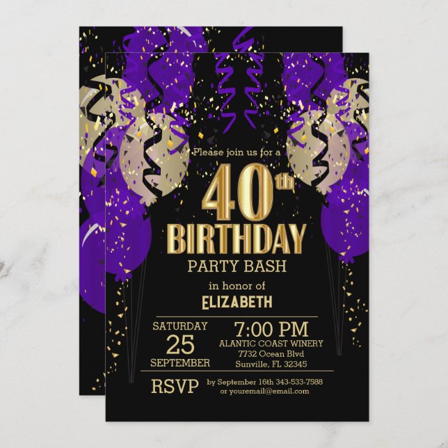 40th Birthday - Purple Balloons  Invitation (Front/Back)