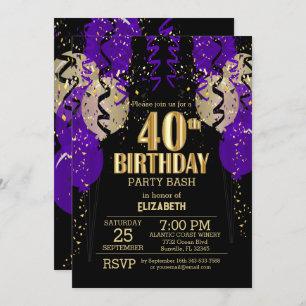 40th Birthday - Purple Balloons  Invitation