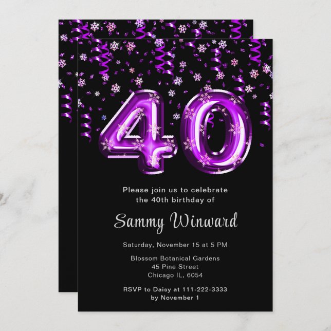 40th Birthday Purple Balloons Snowflake Confetti Invitation (Front/Back)