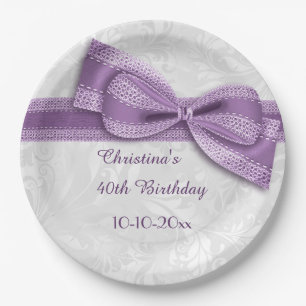 40th Birthday Purple Damask and Faux Bow Paper Plate