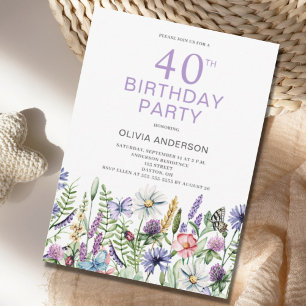 40th Birthday Purple Floral Botanical  Invitation