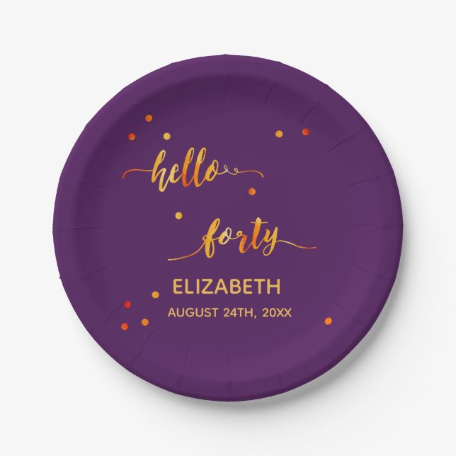 40th birthday purple gold hello 40 name script paper plate (Front)