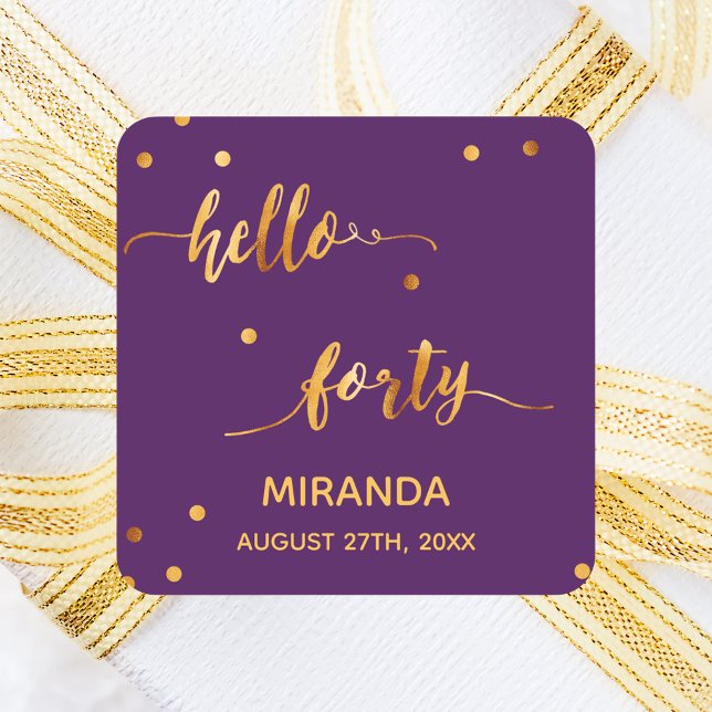 40th birthday purple gold hello 40 name script square sticker (Creator Uploaded)