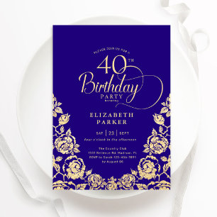 40th Birthday Purple Gold Roses Invitation