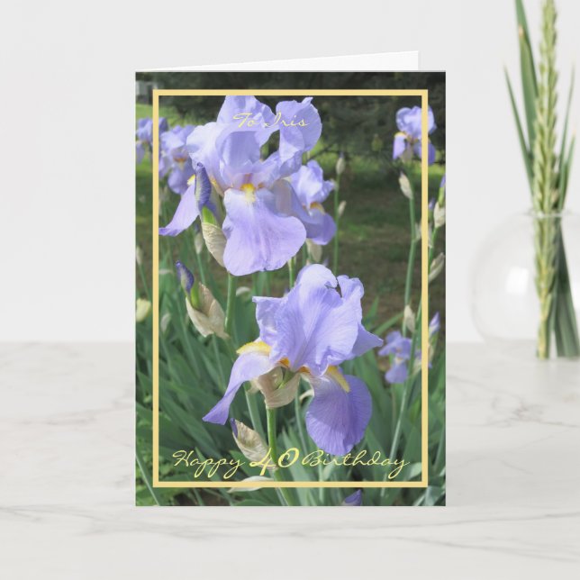 40th Birthday Purple Irises Elegant Gold Frame Card (Front)