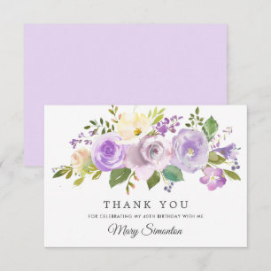 40th Birthday Purple Rose Floral Flat Thank You Card