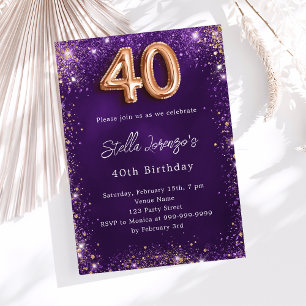 40th Birthday purple rose gold luxury Invitation