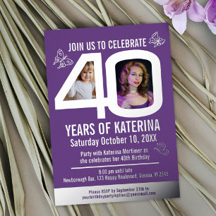 40th Birthday purple silver foil photo butterflies