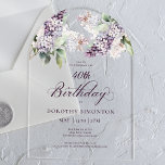 40th Birthday Purple Spring Lilac Flower Arch Acrylic Invitations<br><div class="desc">Soft watercolor purple lilacs create a pretty springtime 40th birthday invitation. The calligraphy adds an elegant aesthetic. It is part of the Purple Spring Lilac Flower collection. It lets you choose a theme and then easily create a unique invitation suite, welcome signs and party decorations. Party planning becomes fun and...</div>