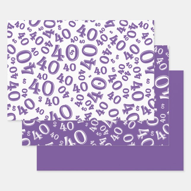 40th Birthday Purple & White Number Pattern 40 Wrapping Paper Sheet (Set)